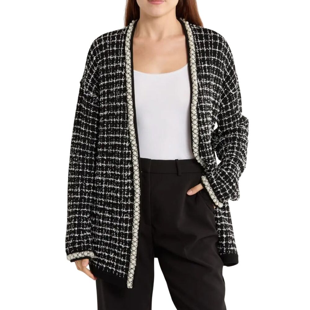 Alice + Olivia Bradford Beaded Open Front Cardigan, Tweed Embellished, Large NWT